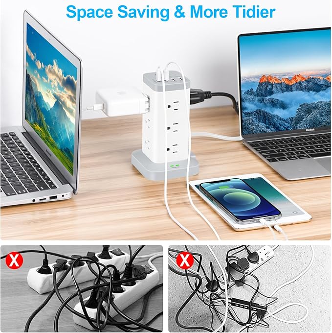 BEVA Power Strip Tower with USB Ports, 16 in 1 Surge Protector Tower, 12 AC and 4USB Ports, 10 FT Extension Cord with Multiple Outlets, Power Tower Charging Station for Office Supplies（White）