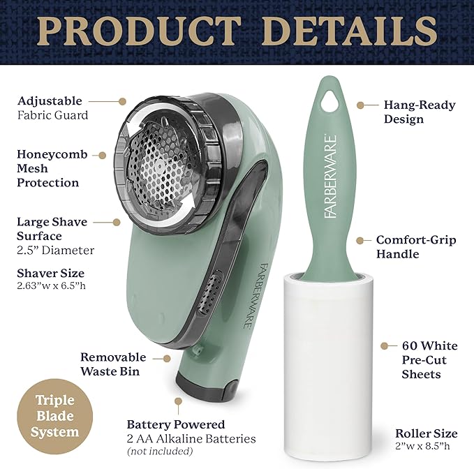 Farberware Large Lint Remover & Fabric Shaver Set – Battery Powered Sweater Shaver with Triple Blades and Extra Sticky Roller for Pet Hair, Fuzz & Pilling on Clothes & Furniture