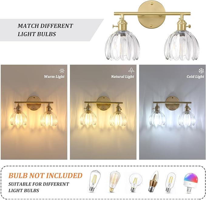 Shenmoyl Bathroom Light Fixtures, 2-Light Brass Vanity Wall Light Over Mirror with Clear Tulip Glass Shade for Bedroom Living Room (Bulb Not Included)