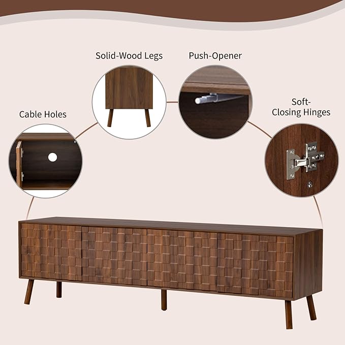 Virubi Mid-Century Modern TV Stand, Entertainment Center with 4 Doors Media Console for TVs up to 80 Inch, Television Stands with Cable Management for Living Room