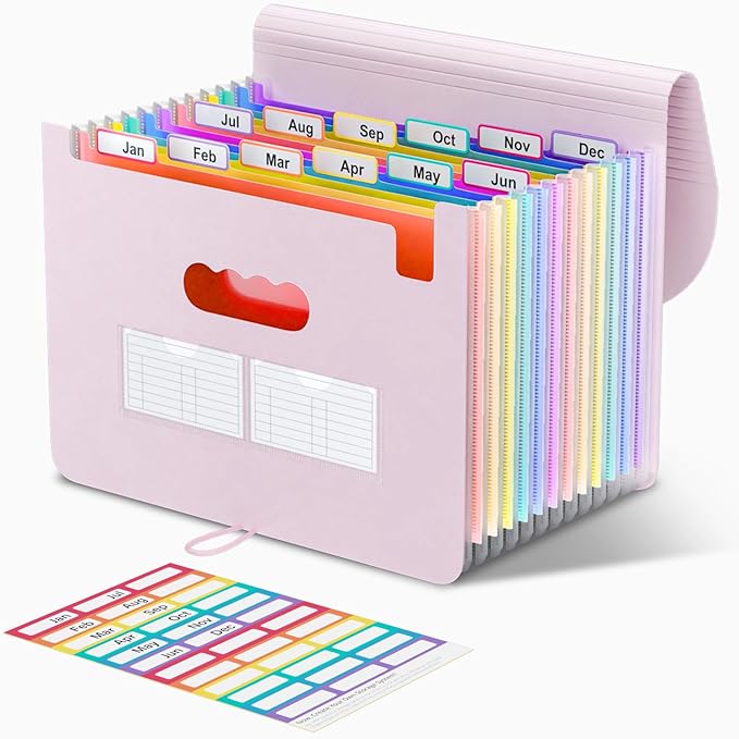 ThinkTex Accordion File Organizer, 12 - Pocket Expanding File Folders for Paper Receipts, Bills & Taxes Organizer, Letter/A4 Size Document Holder for School, Office, Home with tabs-Pinkish Purple