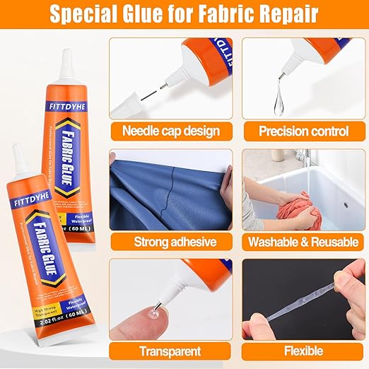 FITTDYHE Fabric Glue Permanent, 60 ML Washable Clear Clothing Glue, Super Fabric Adhesive for Rhinestones, Patches, Clothes, Denim, Leather, Polyester, Fabrics, Doll Repair, Flannel, Cotton