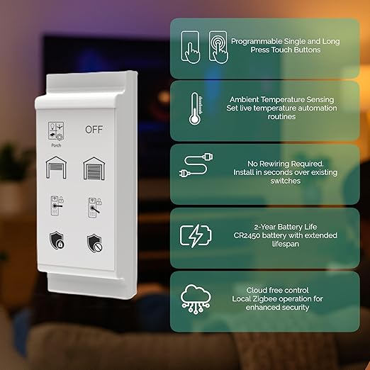 zunzunbee Slate Switch – Zigbee 3.0 Smart Wall Button Remote, Works with SmartThings, 8 Programmable Touch Buttons, Battery Powered, Includes Temperature Sensor