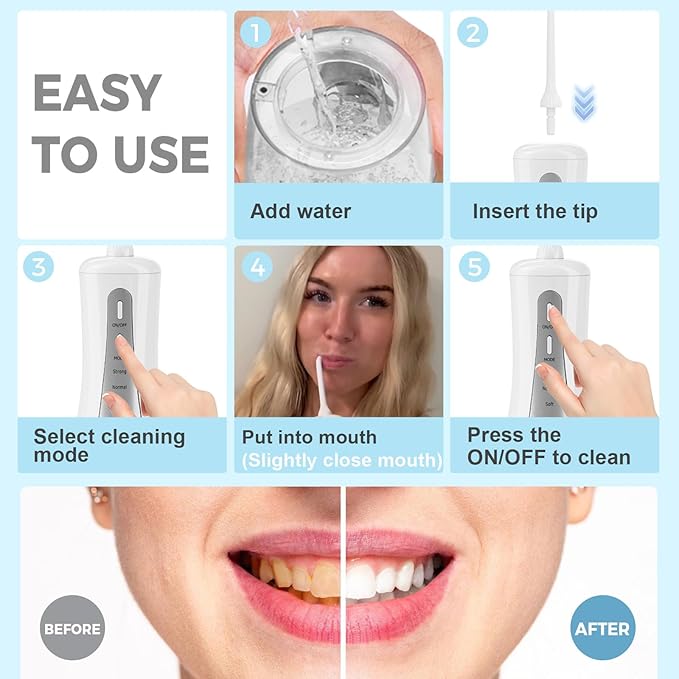 GOLDANT 350ML Water Flosser with Drainage & Storage Stand, Keeps Dry & Clean, 5 Modes, 360°Nozzle, Cordless Rechargeable, IPX7 Waterproof, Portable for Home & Travel (White)