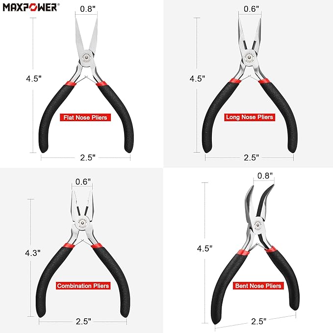 MAXPOWER Mini Jewelry Pliers Set - 8pc, Diagonal, End Cut, Bent, Combination, Flat, Needle, Round Nose (4.5-inch)