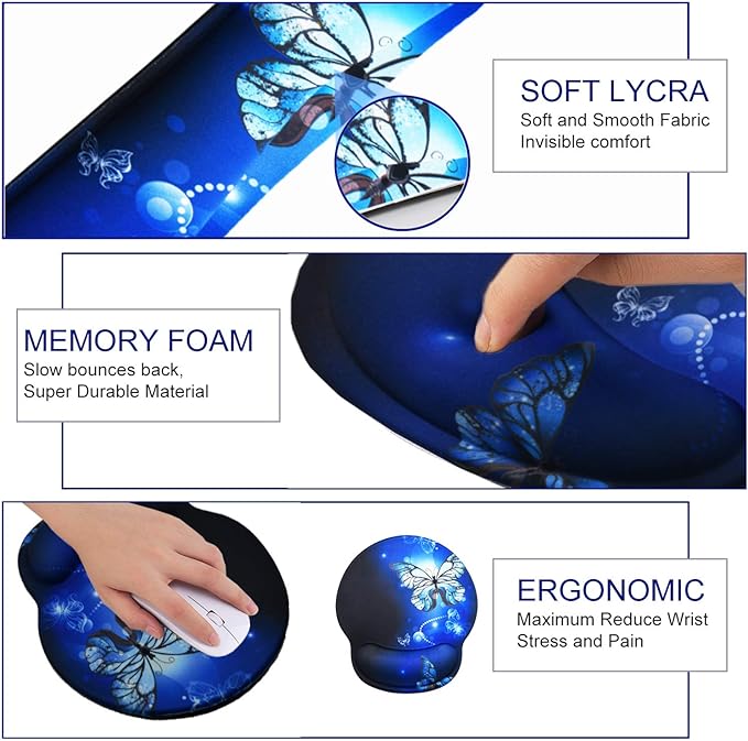 Mouse Pad Keyboard Wrist Rest, Gel Non Slip Rubber Wrist Support Rest Mouse Pad for Home Office, Computer, Laptop, Typist, Gamer, Soft Cushion Mousepad with Memory Foam Ergonomic, Blue Butterfly