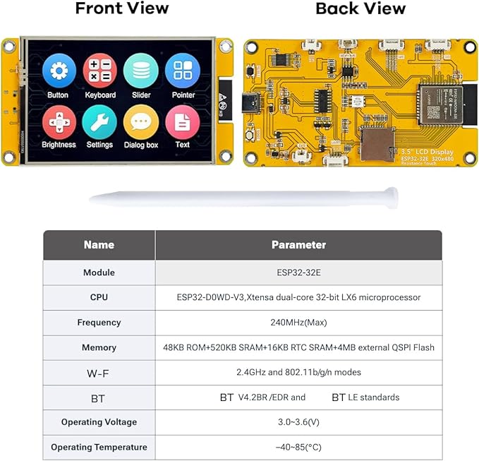 Hosyond 3.5'' 320x480 Touch Screen ESP32 Display with WiFi+BT, ST7796U Driver LCD TFT Screen Module for Arduino IoT
