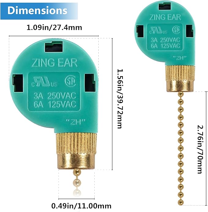 ZE-268S6 Ceiling Fan Switch, 3 Speed 4 Wire Pull Chain Switch Control Switch Compatible with Hunter Ceiling Fans, Wall Lamps (2 Pack, Brass)