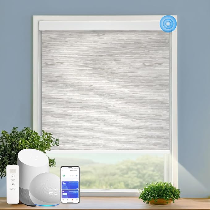 COOLWINDS Motorized Blinds with Remote Cordless Automatic Motorized Shades Custom Blinds for Windows Smart Curtains Compatible with Alexa Google Home(Light Filtering Jacquard Beige,W49 x H72in)