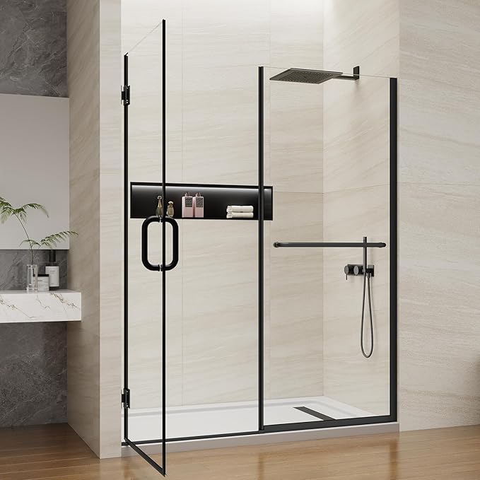 Pivot Swing Shower Door, Adjustable Width 58.9-60" W x 74" H Semi-Frameless Shower Glass Door with 5/16 in (8mm) Clear SGCC Tempered Glass with Nano Easy-Clean Coating (Matte Black with Towel Bar)