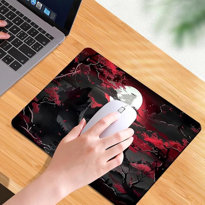 Red Trees, Mountains, and Moon Square Mouse pad, Texture, Waterproof, Anti Slip Rubber Base, Computer Mouse pad, Laptop Mouse pad