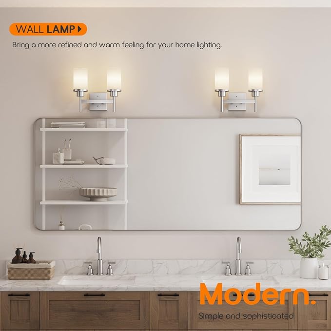 AONEON Bathroom Light Fixtures Brushed Nickel Vanity Lights with White Frosted Glass Shade, Double Wall Lamps for Mirror Kitchen Living Room Porch T001BR-L2