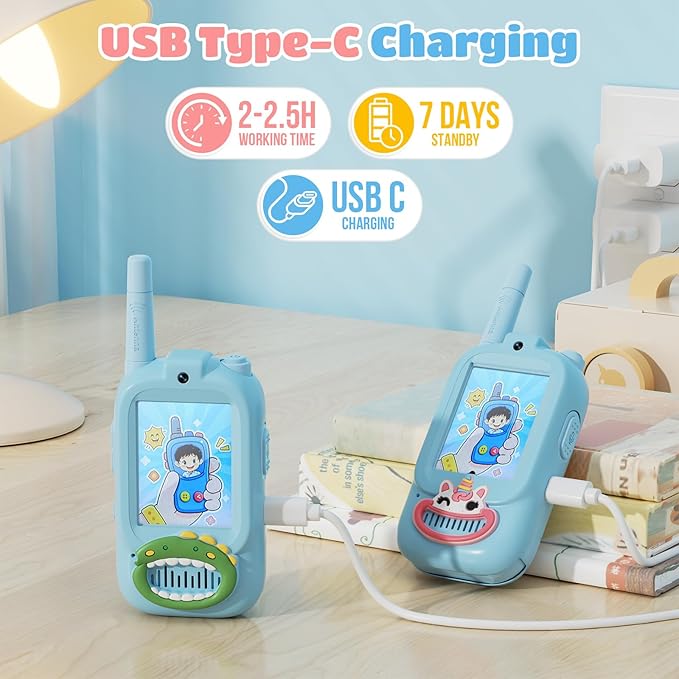 Video Walkie Talkies for Kids – Kids Walkie Talkies 2 Pack with Cute Silicone Cover, Voice Changer, 1000FT Range, Fun Indoor Outdoor Toys – Birthday Gift for Boys and Girls Ages 3-10（Blue+Blue）