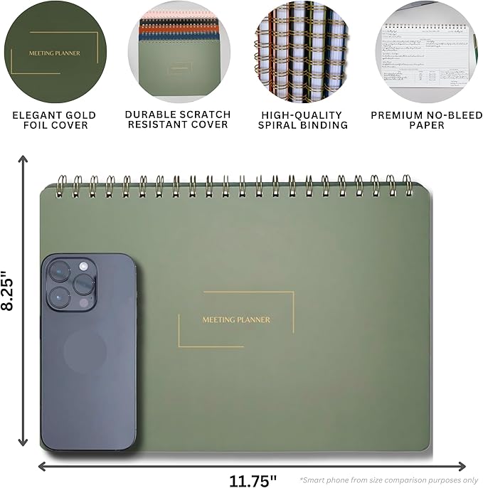 | Meeting Notebook for Work | 8.25" x 11.75" | Project Planner | Simple Design | Multiple Layouts | Office and Business Planner (Black, Meeting Planner - Landscape)