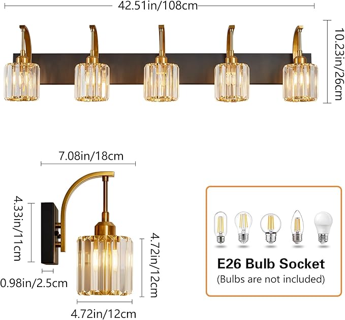 FDPBY 5-Light Crystal Vanity Light, Modern Black Gold Bathroom Wall Sconce with K9 Crystal Shades, 42.51" Long Over Mirror Lighting for Vanity, Makeup, Hallway, Elegant & Easy Installation