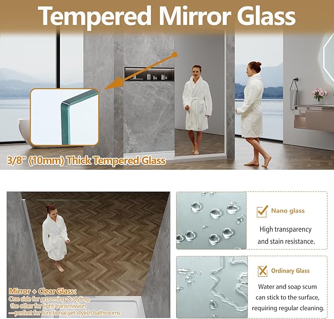 36"x76" Fixed Glass Shower Door, Single Mirror Privacy 3/8"(10mm) Thick Tempered Glass, Frameless Shower Glass Panel, Shower Screen Half Wall for Walk in Shower, Bright Chrome