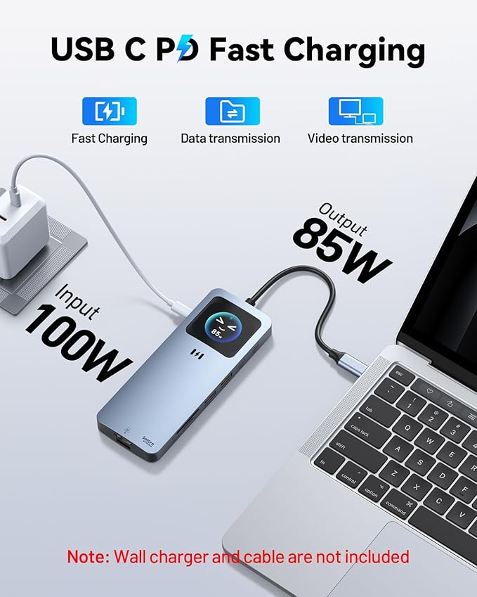 Laptop Docking Station Dual Monitor， 12-in-1 USB C Docking Station with Smart LCD Display, 2 HDMI Ports+100W PD+10Gbps USB-C/A+2.5G Ethernet+SD/TF,Docking Station for Dell/HP/Lenovo Laptop