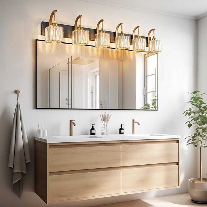 FDPBY Crystal Vanity Lights 6-Light Black Gold Bathroom Vanity Lights Modern Crystal Bathroom Light Fixtures Over Mirror 51.18" Long Vanity Light for Bathroom