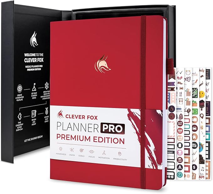 Clever Fox Planner Pro Premium – Luxurious Weekly & Monthly Planner with Budget Organizer for Productivity & Goals, Undated, A4 (Red)