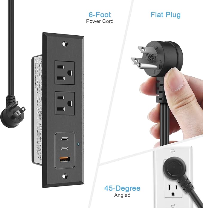 CCCEI Recessed Power Strip with Two USB-C Ports, Fast Charging USB A Port Desk Outlet, Black Furniture Hidden Charging Station for Side Table, End Table, with 6 FT 45 Degree Flat Plug Extension Cord.