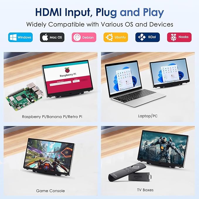 HMTECH 7'' Raspberry Pi Screen, 800x480 HDMI Small Monitor with Dual-Speaker, LCD Screen Display for Raspberry Pi 4/3/2/Zero/B/B+ Win11/10/8/7 (Non-Touch)