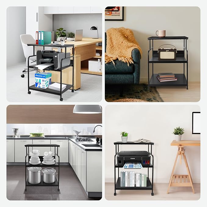 GCCSJ Large Printer Stand，3 Tier Printer Cart with Adjustable Storage Shelf，23.6 x18.9 x 29.5 inches Printer Stand for Home Office, Stands for Heat Press Scanner Fax, Industrial Style, Black