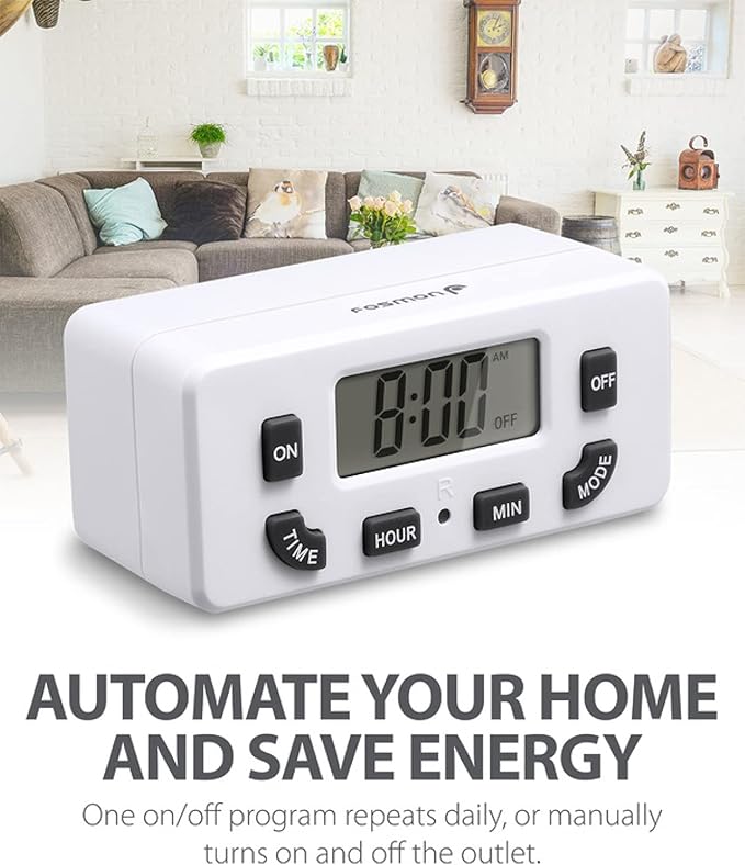 Fosmon Digital Timer for Electrical Outlets, Indoor 24 Hour Light Timer Programmable, Mini Plug in Outlet for Lamps, Fans, Grow Lights, 2 On/Off Programs, 15A/1875W, ETL Listed