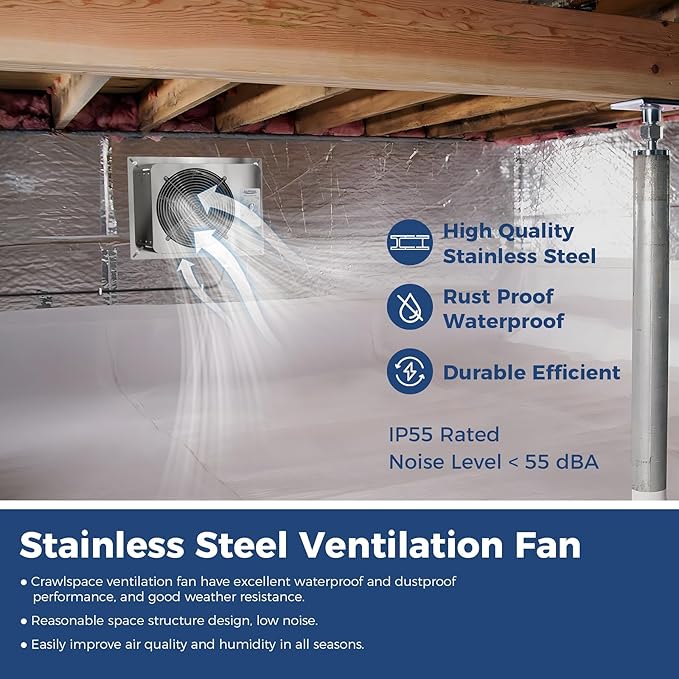 ALORAIR 780CFM Crawlspace Ventilation Fan with Humidistat, IP55 Rated Basement Stainless Steel Exhaust Fan, Built-In Isolation Net 9.13 Inch Foundation Vent Fan for Crawl Space,Garage,Attic,Grow Tent