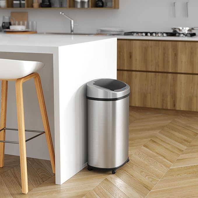 iTouchless SensorCan 50 Liter / 13 Gallon Kitchen Trash Can with Wheels & Odor Filter – Mobile Motion Sensor Stainless Steel Garbage Bin for Home, Office, Garage, Slim Oval Shape Large Capacity Design