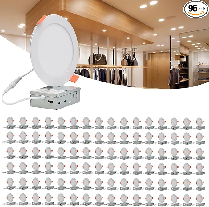 MKUJOO 96 Pack 4 Inch Ultra-Thin LED Recessed Ceiling Light with Junction Box,Panel Light,Daylight, 9.5W,2700K/3000K/3500K/4000K/5000K Selectable Dimmable Downlight ETL&FCC&CE Energy Star Certified