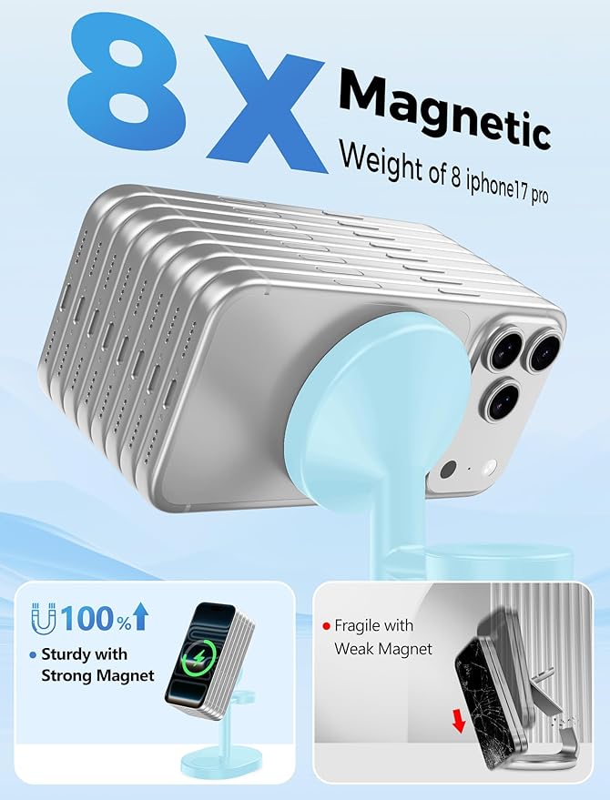 Hevanto 2025 3 in 1 Wireless Charging Station for Apple MagSafe Charger, 15W Fast Magnetic Mag-Safe Charger Stand for iPhone 17 16 15 14 13 12 Apple Watch AirPods Series, Gifts for Men (Ice Blue)