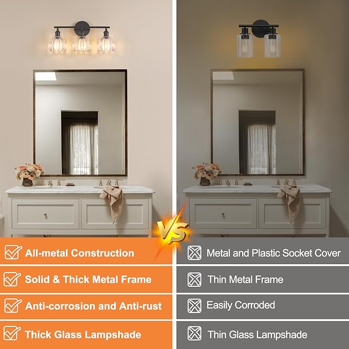 Shenmoyl Bathroom Light Fixtures, 3-Light Black Vanity Wall Light Over Mirror with Clear Tulip Glass Shade for Bedroom Living Room (Bulb Not Included)