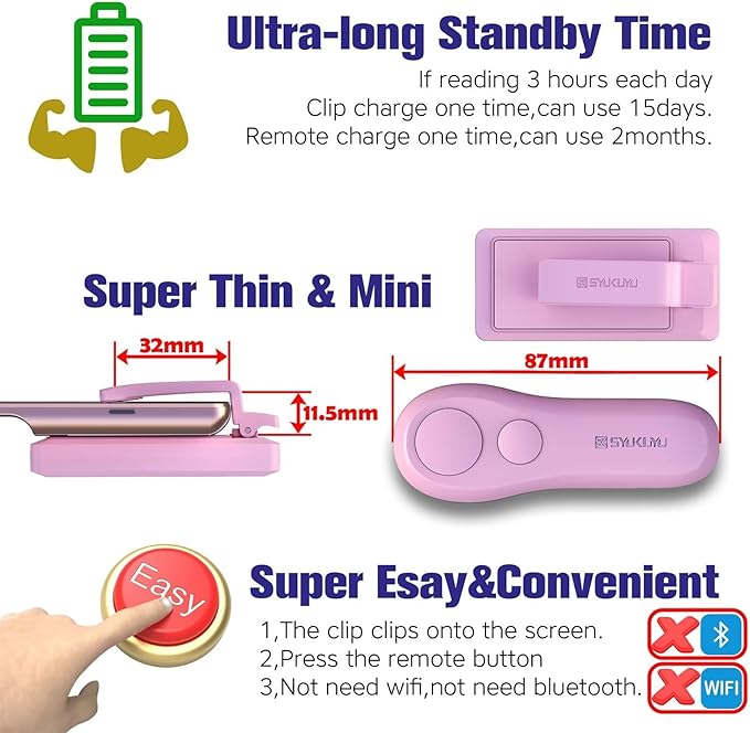SK SYUKUYU RF Remote Control Page Turner for Kindle Reading Ipad Surface Comics, iPhone Android Tablets Reading Novels Taking Photos(Pink)