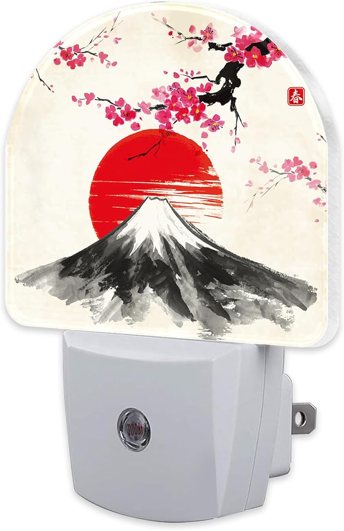 sndheke Cherry Blossoms Sun and Mountain Night Light Plug into Wall, Watercolor Ink Painting Dusk to Dawn Night Light,0.5w Energy Saving Friendly Nightlights for Kids Boys Girls Home