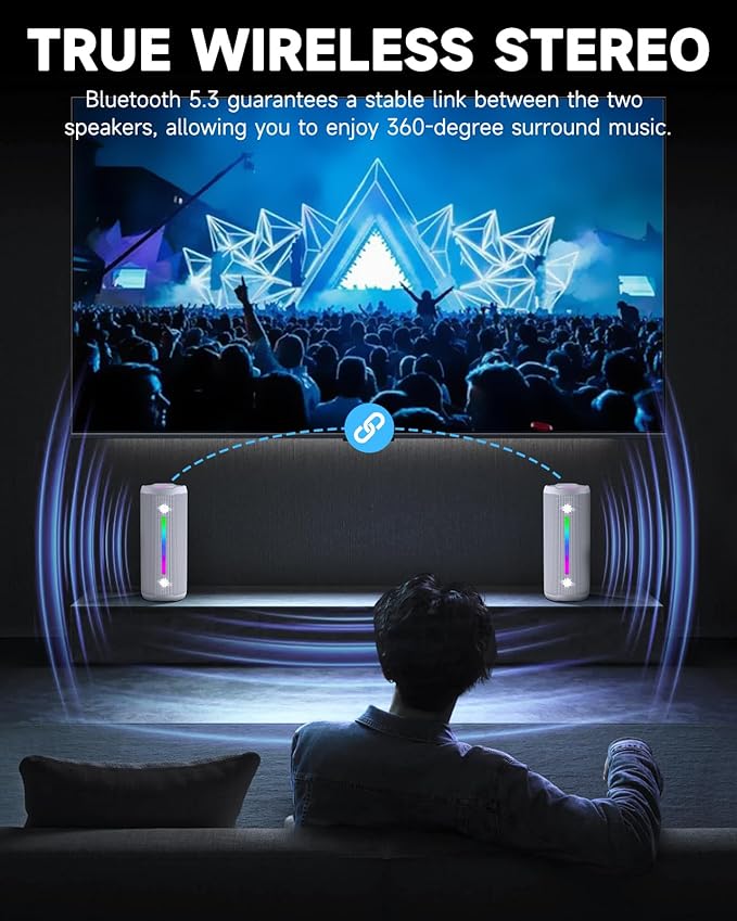 OHAYO Bluetooth Speaker, Portable Wireless, IPX7 Waterproof, Powerful 25W Sound, 24H Playtime, Dual Pairing, Active Bass, Colorful Lights, Bluetooth 5.3, Outdoor Speakers for Home/Party/Beach, White