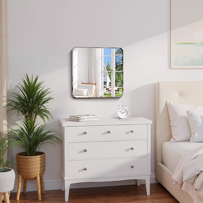CILIBER Beveled Frameless Mirror, 18x18 Square Bathroom Mirror Rounded Corner, 18 inch Frameless Vanity Mirror, Shatterproof Lightweight Design Wall Mirror for Bedroom Living Room Entryway
