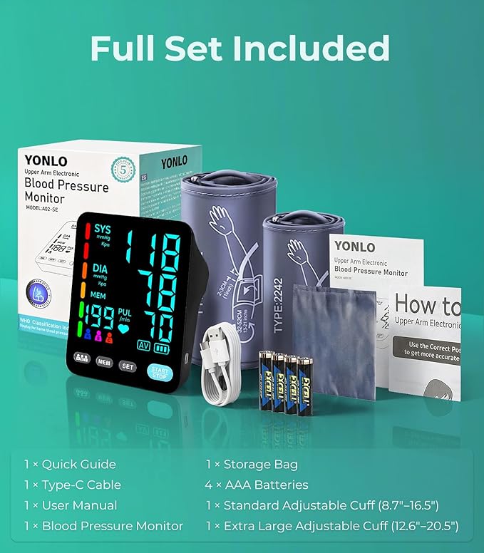 YONLO Blood Pressure Monitor, Automatic Upper Arm Blood Pressure Monitors for Home Use, 2 Blood Pressure Machine Cuff(9-17in & 13-21in) with Large LED Backlit Display, 3x199 Reading Memory Users Black