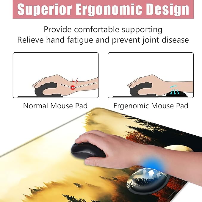 BFUKVOU Large Keyboard Mouse Pad Set, Extended Mouse Pad+Keyboard Wrist Rest Support, Memory Foam Ergonomic Easy Typing, 4Pcs (31.5×11.8 in) Desk Pad Set for Office Home,Nature Misty Forest