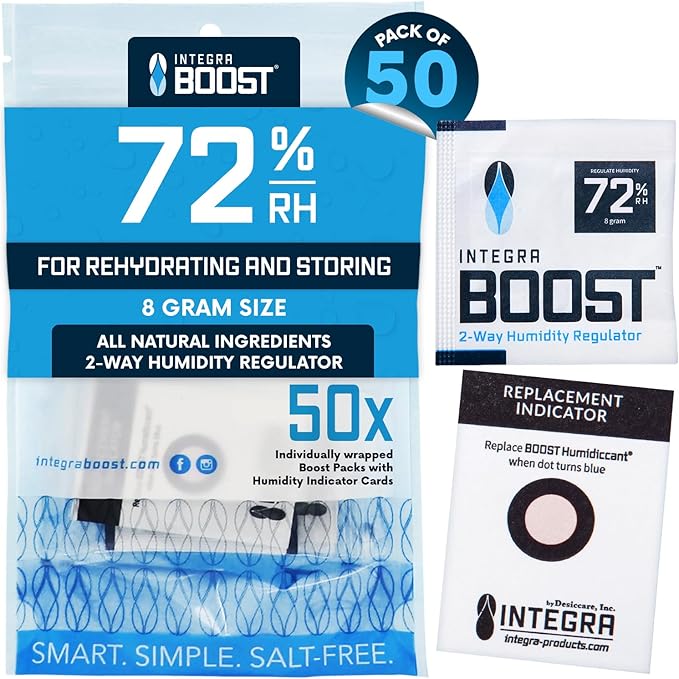 Integra Boost 2-Way Humidity Control Pack - Preserve Flavor & Control Humidity at 72% RH - Moisture Absorber for Herbs, Spices & More - 8 Gram (Pack of 50)