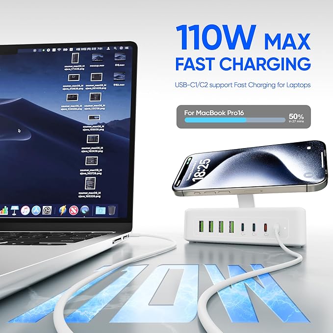 11-in-1 Charging Station USB-C Power Strip, 300W USB C Charger Block, 2AC Outlets 8USB Ports(4USB-C) Surge Protector, 5FT Flat Plug Extension Cord, PD110W Desktop Fast Charging for Home Office, White