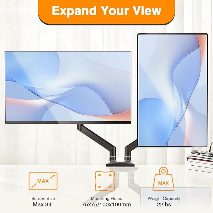 XEVKZO Dual Monitor Arms, Gas Spring Monitor Arms for 2 Monitors up to 34" Curved/Flat, 22lbs per Arm, VESA Mount 75x75 100x100mm, C-Clamp & Grommet Base, Adjustable Tilt/Swivel/Rotation