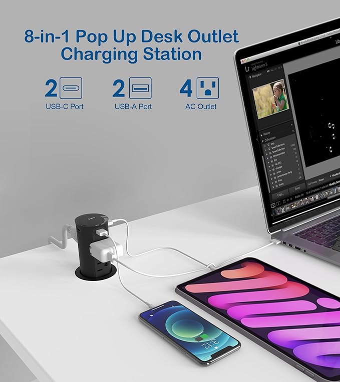 Jgstkcity 2.5 inch Hole Pop up Outlet for Countertop,20W USB C,4 USB Ports,4 Outlets 15Amp Receptacle Flush Mount,Space Saver Recessed Outlet,1875W,ETL Listed,2 PCS (Black, 20W USB)