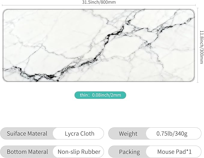 Dynippy Thin Extended Gaming Mouse Pad （31.5 * 11.8 * 0.08 inch） with Stitched Edges Large Mousepad Long XXL Keyboard and Mouse pad Desk Mat for Gaming Office & Home - White Black Marble