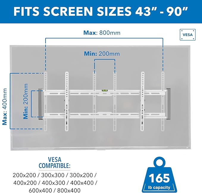 Mount-It! Tilting TV Wall Mount for 43"-90" TVs, Ultra Slim Heavy-Duty TV Mount with Low Profile 1.9", VESA 200x200 to 800x400, Supports up to 165 lbs, White