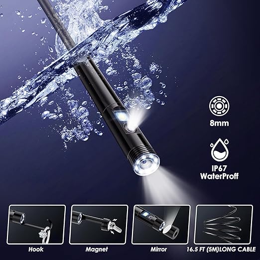Borescope Camera with Light,16.4FT Semi Rigid Snake, 1920P HD Borescope Camera with 8 Adjustable LED, Borescope for iPhone IP67 Waterproof Automotive Engine Plumbing HVAC Inspection 8 mm (Dual-Lens)