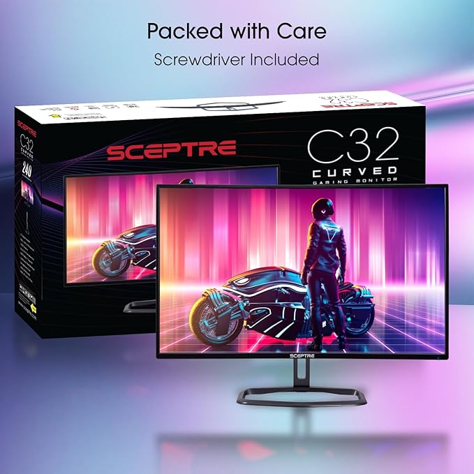 Sceptre Curved 32-Inch Gaming Monitor, 1920 × 1080, Up to 240+Hz, 1ms, 99% sRGB, AMD FreeSync Premium, Built-in Speakers, HDMI DisplayPort, Machine Black (C325B-FWD240 Series)