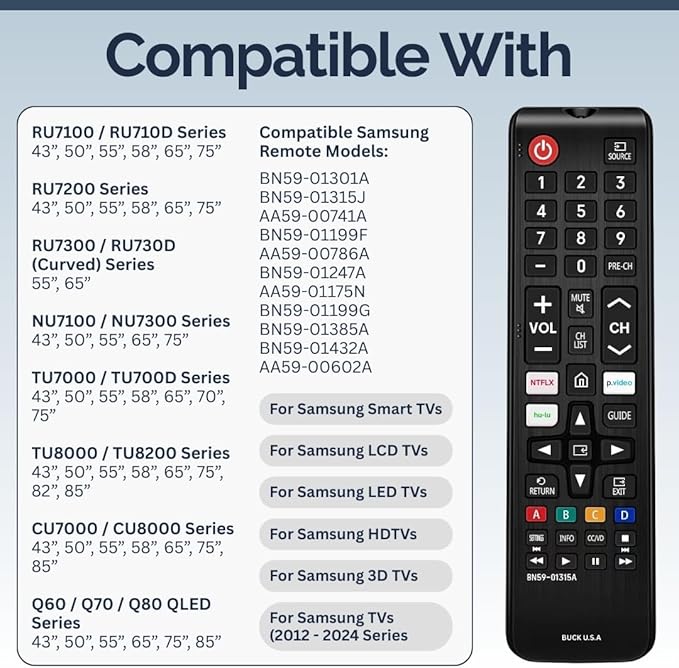 2 Pack BN59-01315A Samsung TV Remote Control Replacement for Smart TV - Easy Setup, Durable Design, Universal IR Remote, Streaming Shortcuts - Works with Samsung Smart TV, LCD, LED, HDTV, 3D Models