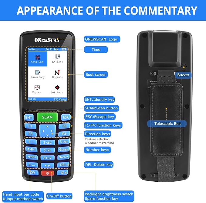 Inventory Scanner, Wireless Barcode Scanner Portable 1D Handheld Bar Code Scanners for Collector Data Terminal Inventory Device 2.8" LCD Screen Barcode Reader for Warehouse, Library, Store