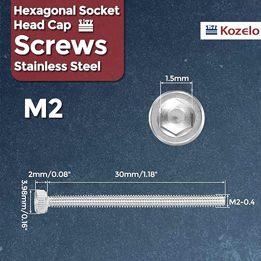 Kozelo 30pcs Socket Head Cap Screws - [M2-0.4 x 30mm] 304 Stainless Steel Allen Socket Drive for Electrical Motor 3D Printing Fan Engine Replacement Use, Silver