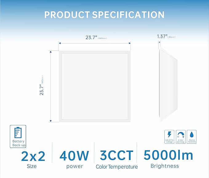 2X2 LED Flat Panel Light Emergency Battery Backup, 40W-3000K/4000K/5000K, 0-10V Dimmable, 4390 Lumens, LED Drop Ceiling Light, 100-277V, DLC and UL Listed, Ultra Thin Back-Lit (2 Pack)